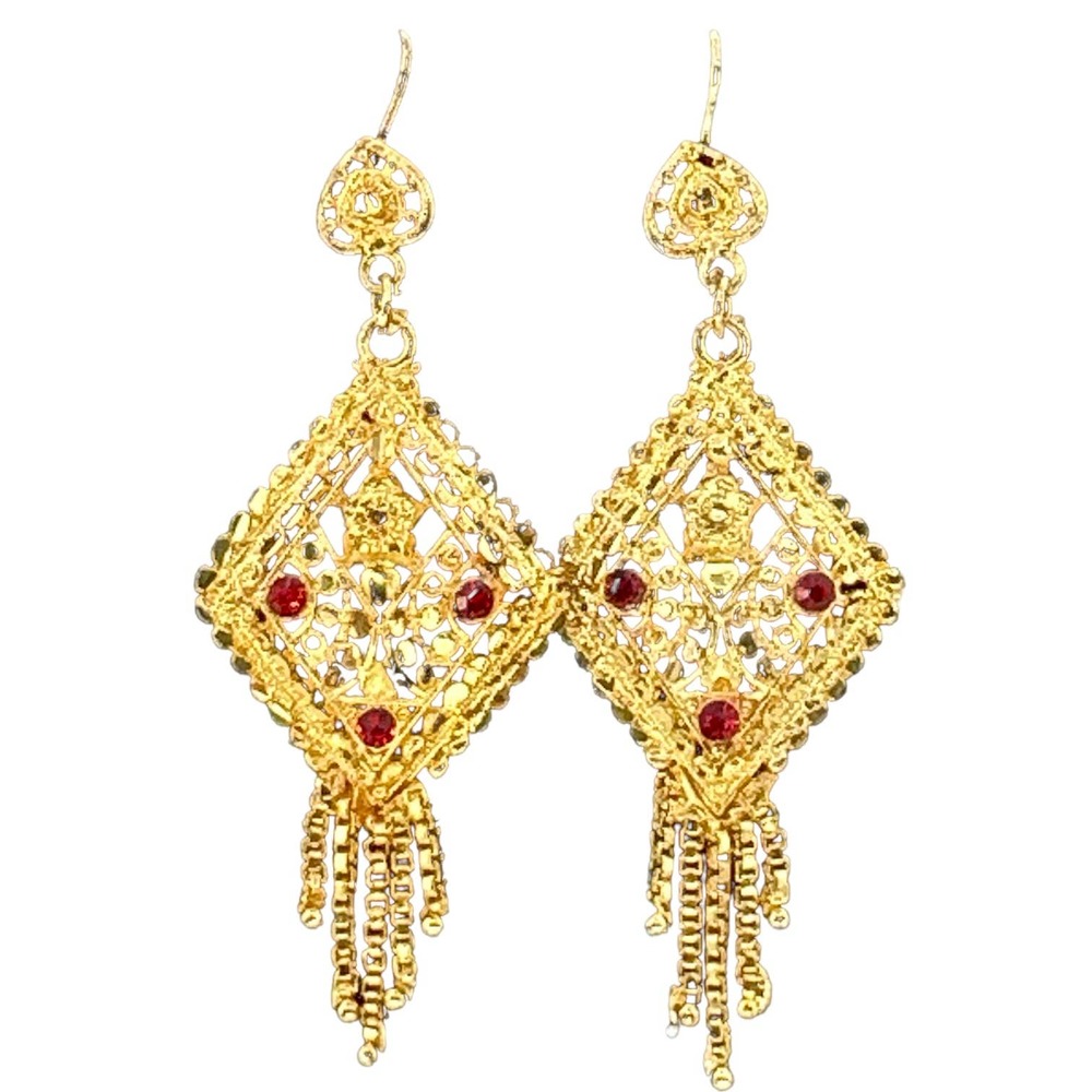 Gold Filigree Dangle Earrings with Red Accents
